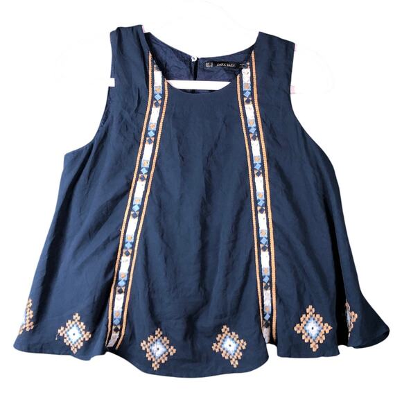 Zara Womens Blouse Blue Sleeveless Embroidered Tank 100% Polyester Small - Picture 1 of 11